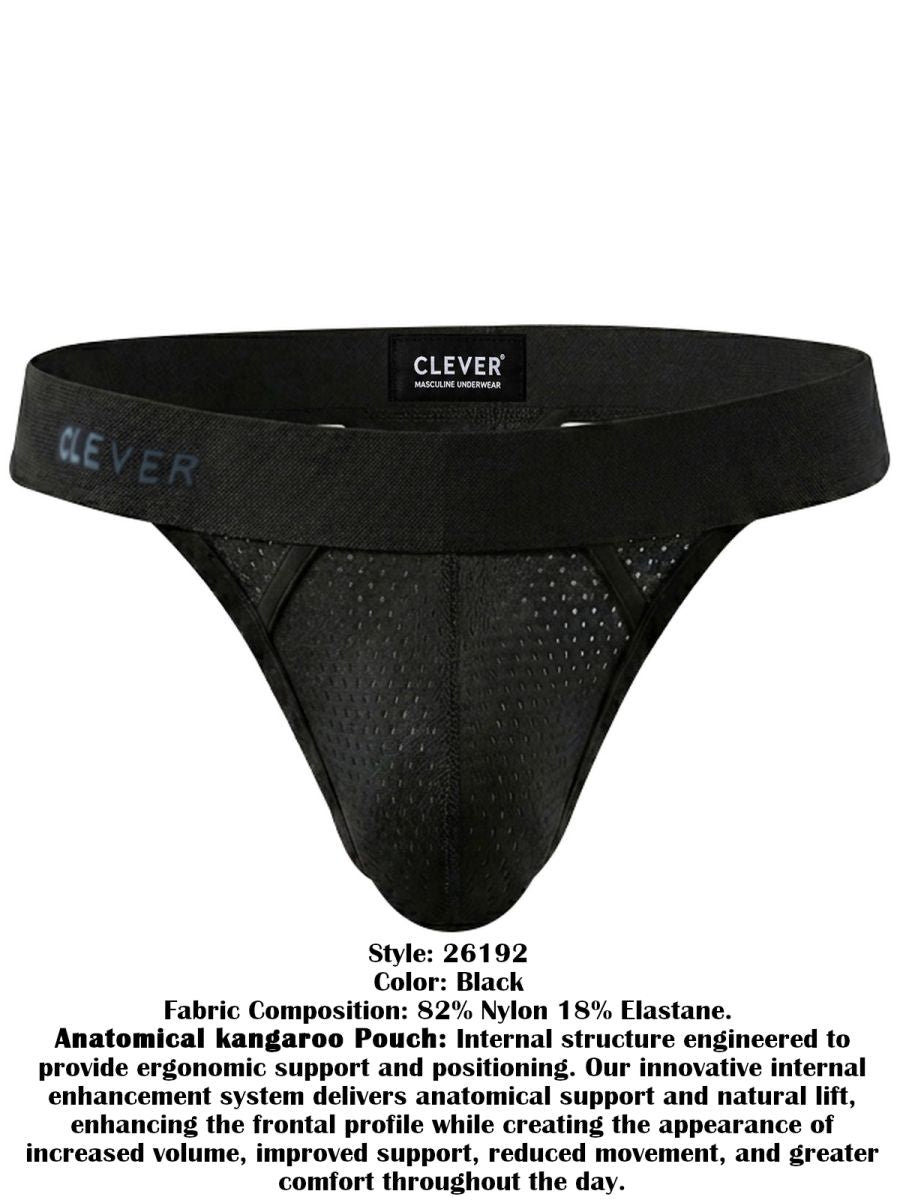 Clever Moda black thong featuring mesh fabric and a branded elastic waistband with ergonomic pouch.