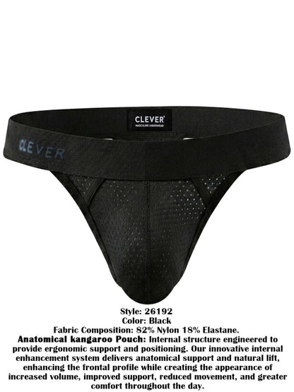 Clever Moda black thong featuring mesh fabric and a branded elastic waistband with ergonomic pouch.