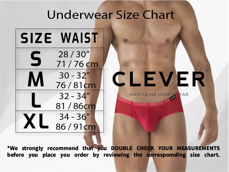 A size chart beside a man wearing red mesh underwear with a low-rise fit.