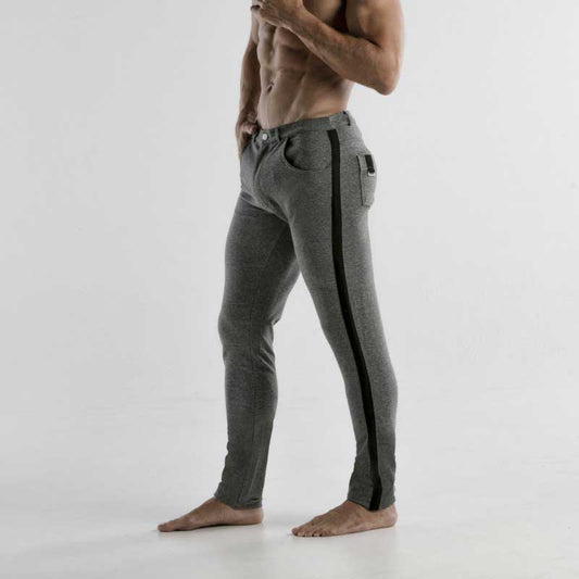 Code 22 stretch grey athletic pants size 30 with black vertical stripe down the side and five pockets
