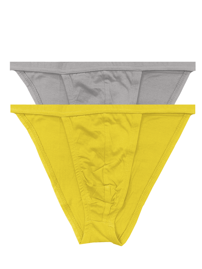 A pair of bright yellow and gray men’s bikini briefs made from smooth stretchy fabric in a contour cutaway design