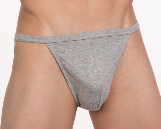 Gray heathered cotton contour cutaway men’s bikini briefs with narrow waistband and central seam front view