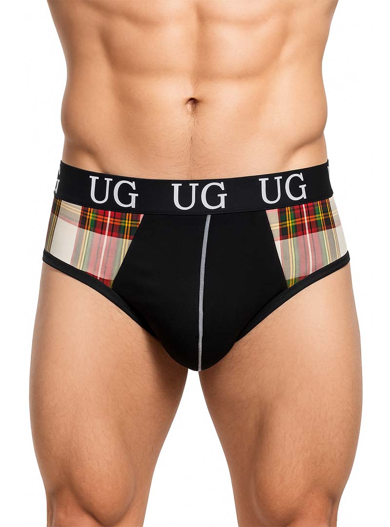 Black briefs with plaid sides and black waistband featuring ug branding designed with a snug pouch for comfort
