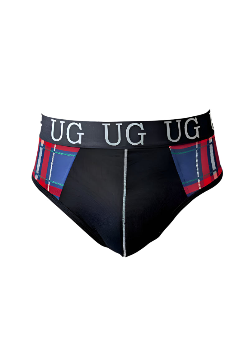 Black contrast jock briefs with snug pouch plaid red and blue sides and black waistband embroidered with ug in white
