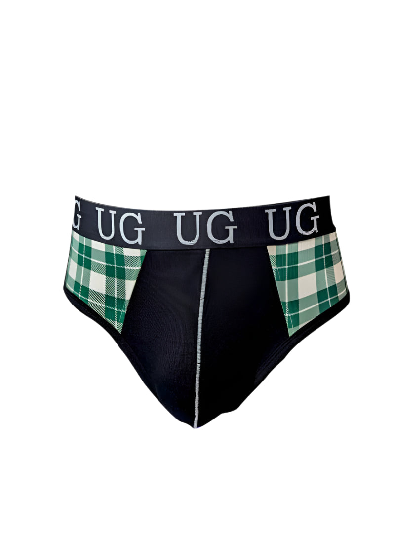 Black briefs with green and white plaid side panels and navy waistband with ug logo in contrast jock with snug pouch design