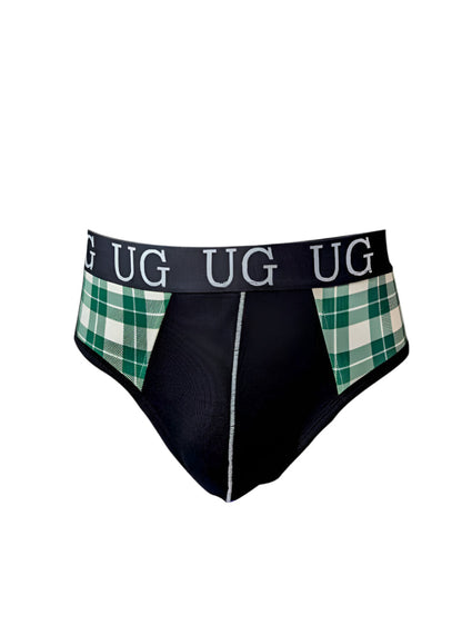 Black briefs with green and white plaid side panels and navy waistband with ug logo in contrast jock with snug pouch design