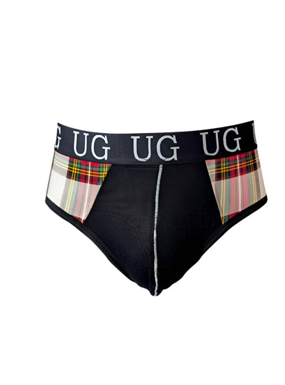 Black contrast jock briefs with snug pouch featuring plaid side panels and a waistband with repeating ug branding