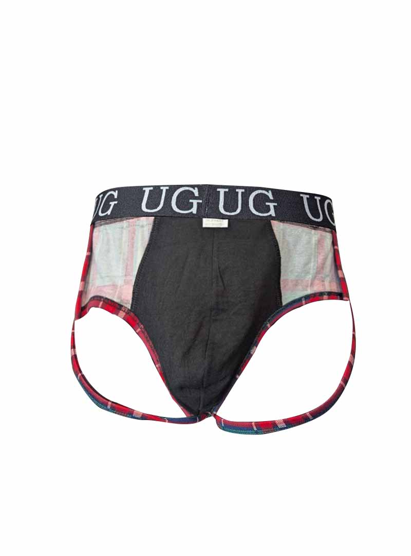 Black and red plaid contrast jock briefs with snug pouch and branded waistband for comfortable support