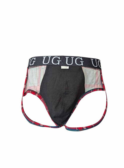 Black and red plaid contrast jock briefs with snug pouch and branded waistband for comfortable support