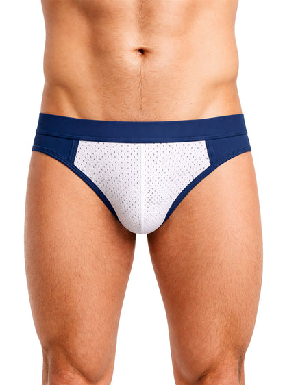 Navy blue and white cotton stretch bikini briefs with perforated mesh panel for athletic performance