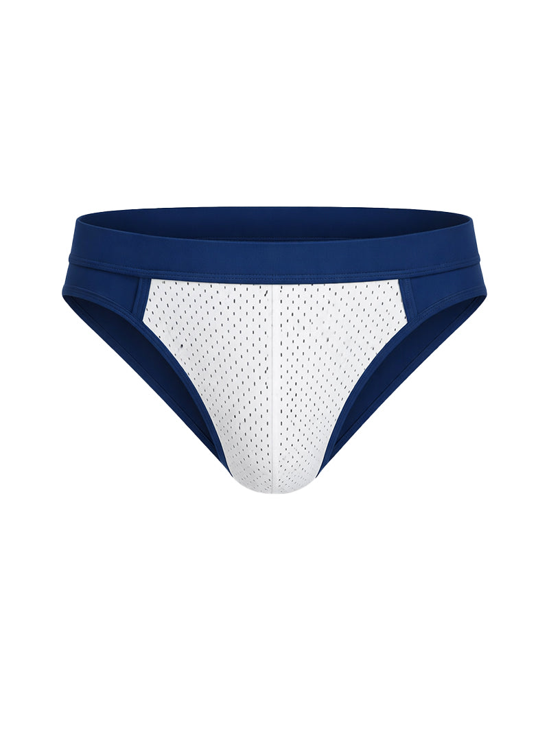 Navy blue and white cotton stretch bikini briefs with breathable mesh panel for athletic comfort