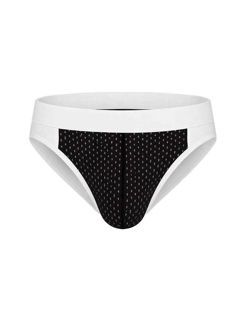 Cotton stretch bikini briefs in black and white pattern with a solid white waistband for comfortable wear