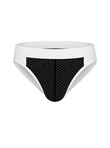 Cotton stretch bikini briefs in black and white pattern with a solid white waistband for comfortable wear
