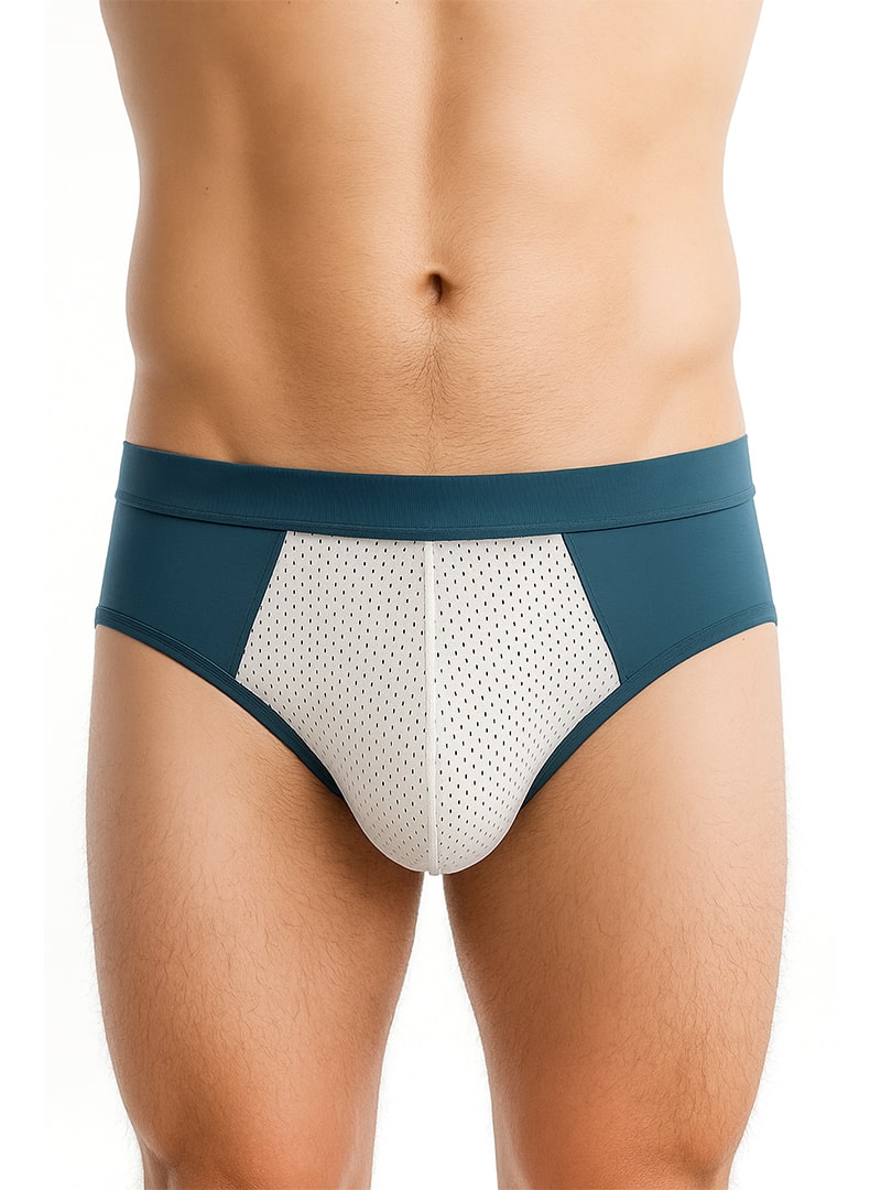 Teal and white cotton stretch briefs with mesh fabric and a sleek athletic design