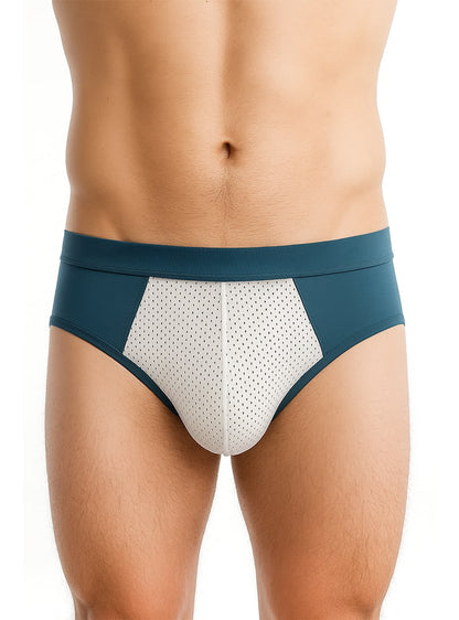 Teal and white cotton stretch briefs with mesh fabric and a sleek athletic design