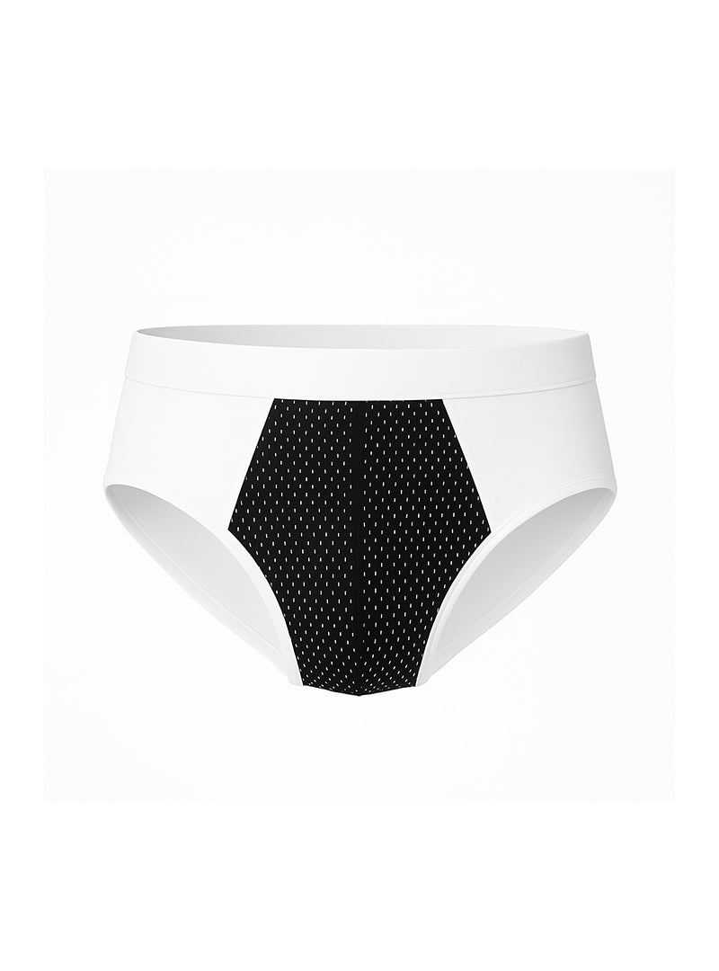 White cotton stretch briefs with black hexagonal panel featuring small white dots on the front side