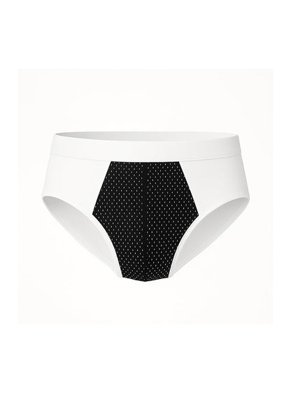White cotton stretch briefs with black hexagonal panel featuring small white dots on the front side