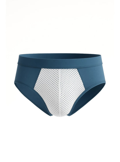 Blue and white cotton stretch athletic briefs with perforated mesh panel for breathability and comfort