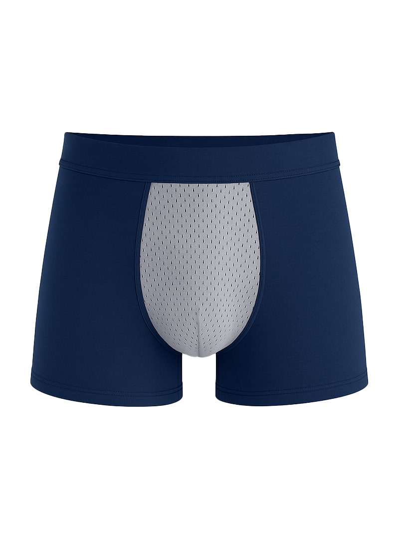 Navy blue cotton stretch trunk boxer briefs with a gray mesh panel on the front for breathable comfort