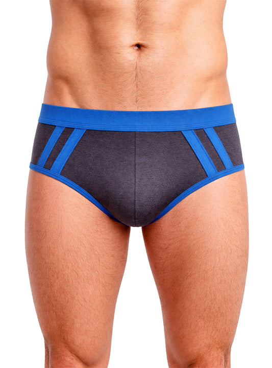 Cottonflex brief in blue and gray with bold blue diagonal stripes made from soft cotton for athletic use