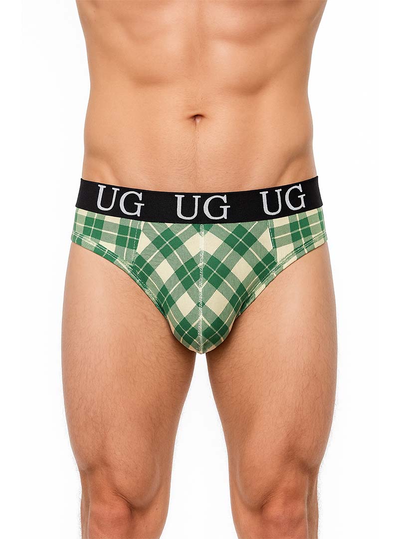 Country style plaids comfort thong in green and cream plaid with black waistband and white ug lettering front view