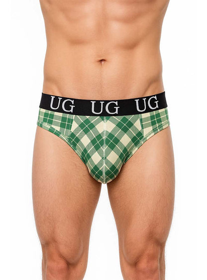 Country style plaids comfort thong in green and cream plaid with black waistband and white ug lettering front view