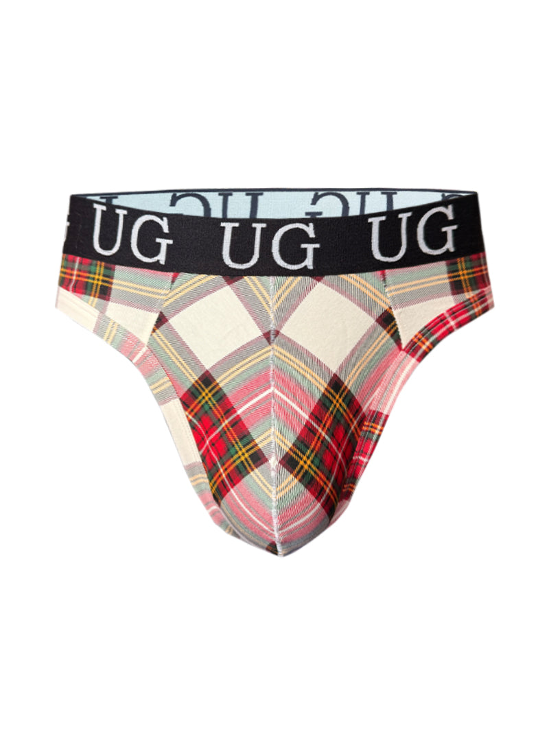 Country style plaids comfort thong underwear with red green cream plaid pattern and black waistband with Ug logo