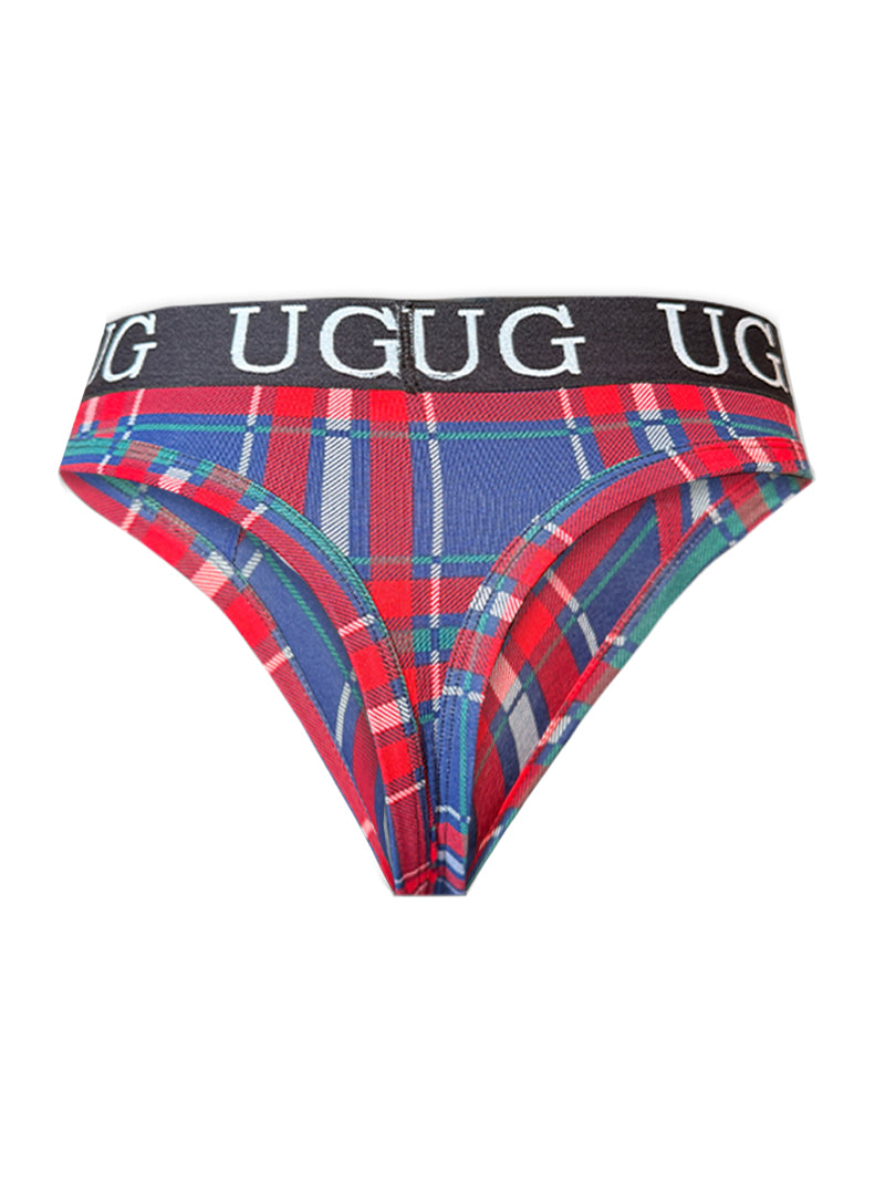 Country style plaids comfort thong briefs in red blue and green plaid with a black ugug waistband with white lettering
