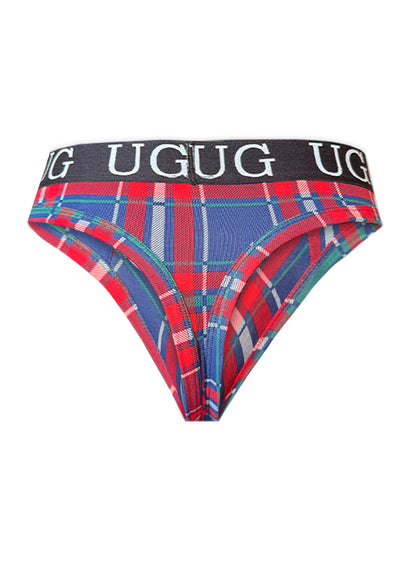Country style plaids comfort thong briefs in red blue and green plaid with a black ugug waistband with white lettering