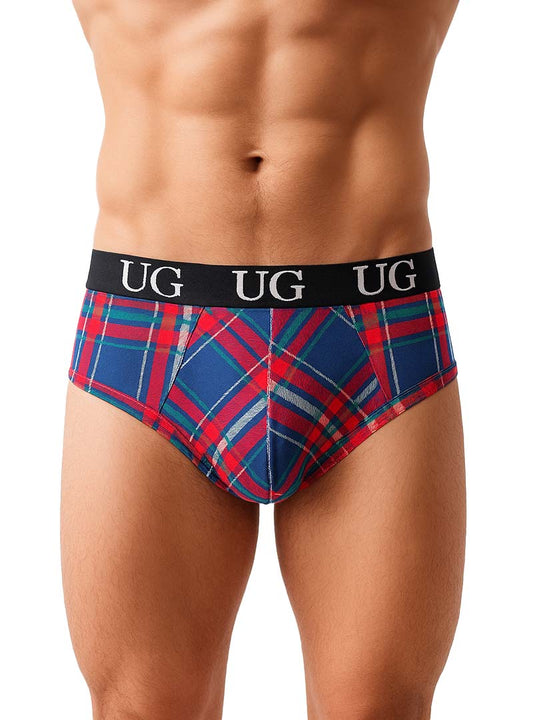 Blue red and white plaid country style plad fit contour jockstrap briefs with black ug logo waistband