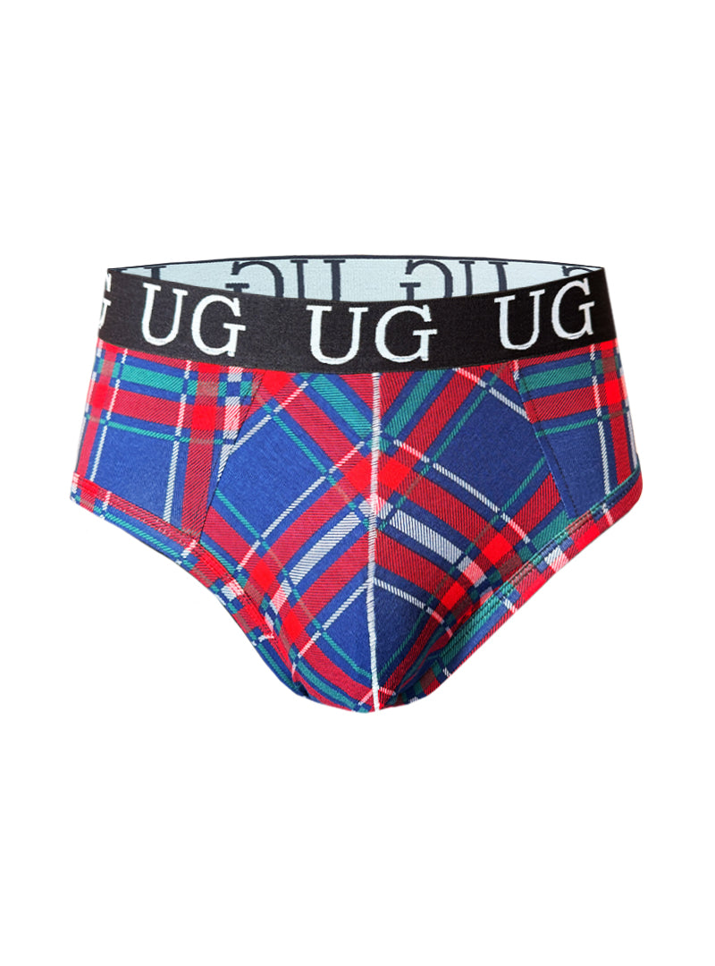 Country style plaids fit contour jockstrap in blue red and green plaid with black waistband and white ug lettering