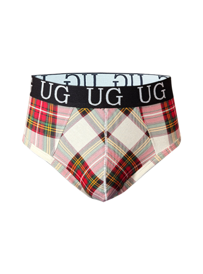 Plaid-patterned ug fit contour jockstrap with black waistband and white ug branding in country style plaids design