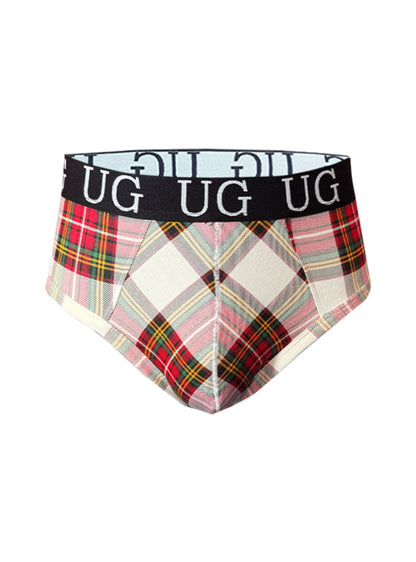 Plaid-patterned ug fit contour jockstrap with black waistband and white ug branding in country style plaids design