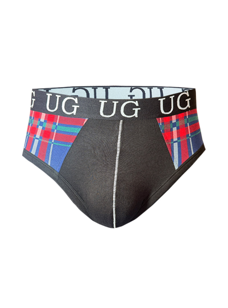 Cozy Comfort Pouch Brief black briefs with red blue and green plaid sides and a black waistband with white ug branding