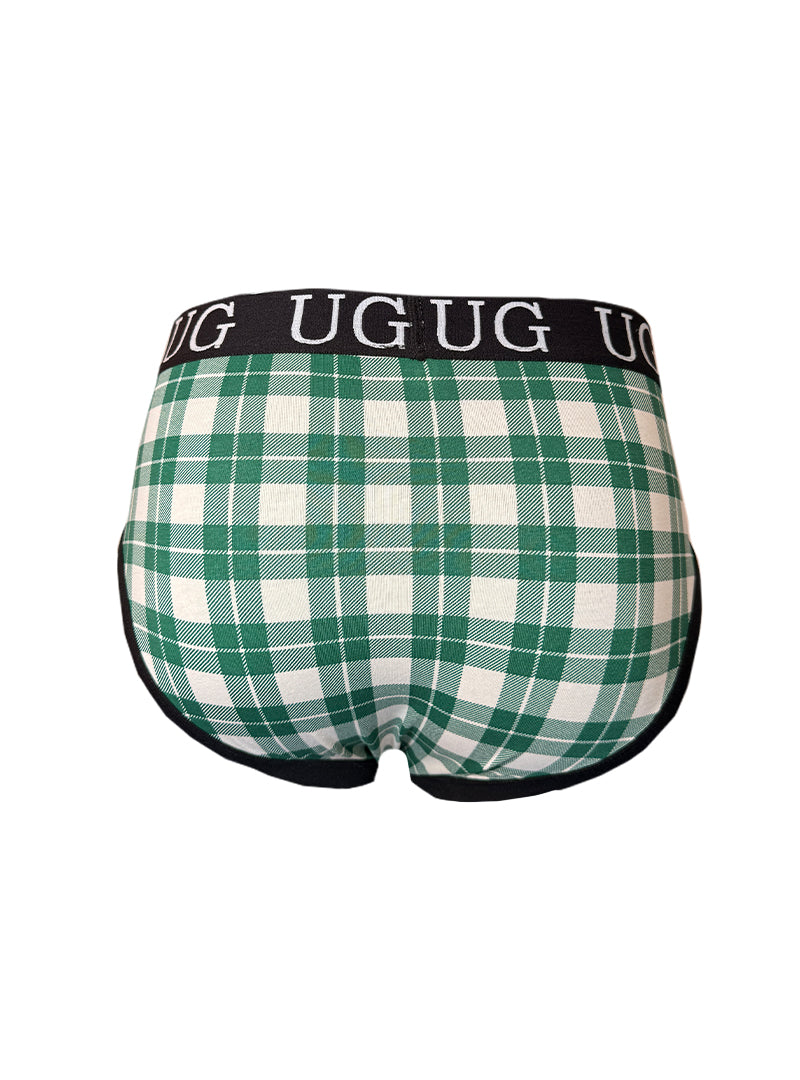 Cozy comfort pouch brief green and white plaid men’s underwear with black waistband featuring ug logo