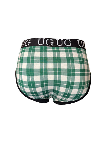 Cozy comfort pouch brief green and white plaid men’s underwear with black waistband featuring ug logo