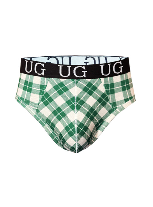 Green and white plaid men’s briefs with black waistband featuring ug logo in cozy country style plaids fit brief design