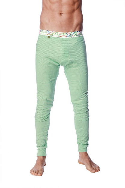 Crosstrain thermal yoga pant in green and white stripe with colorful patterned waistband and light green stripes