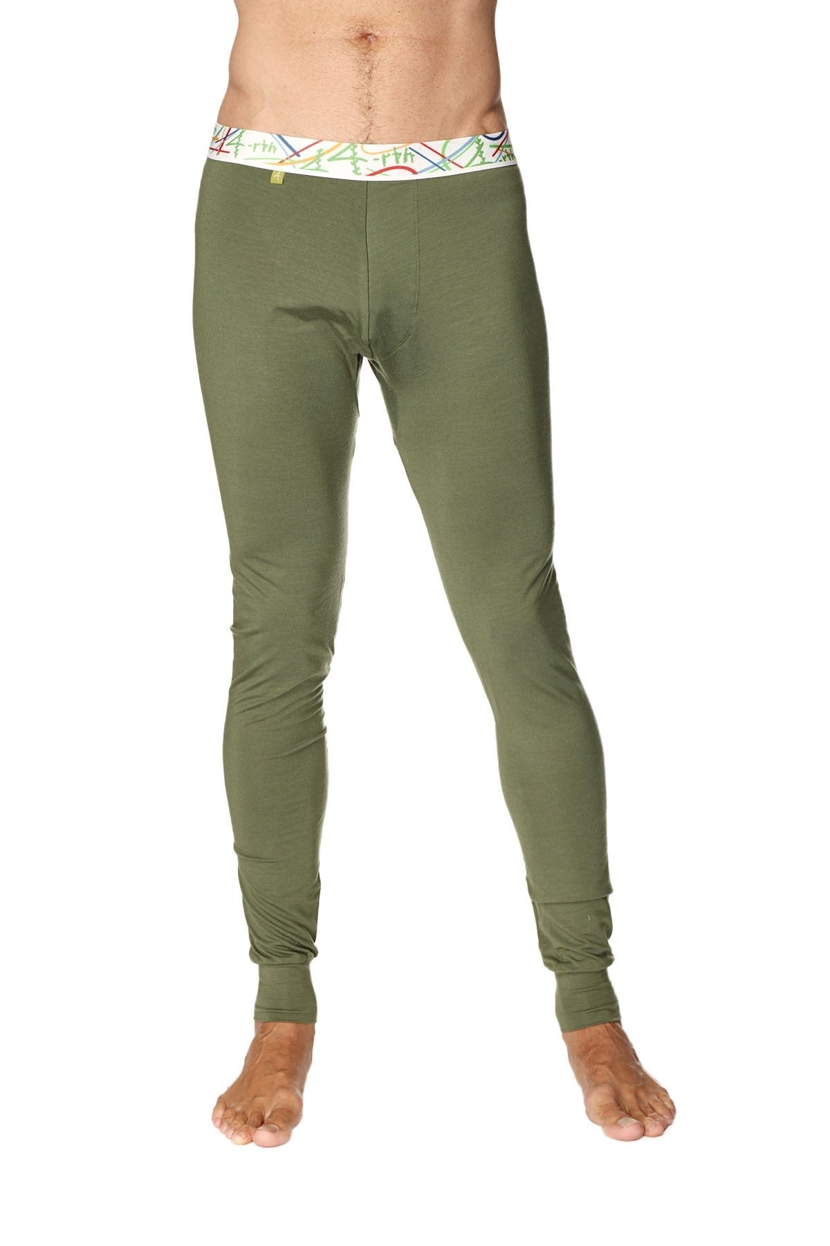 Olive green merino wool crosstrain thermal yoga pant with colorful patterned waistband for active wear