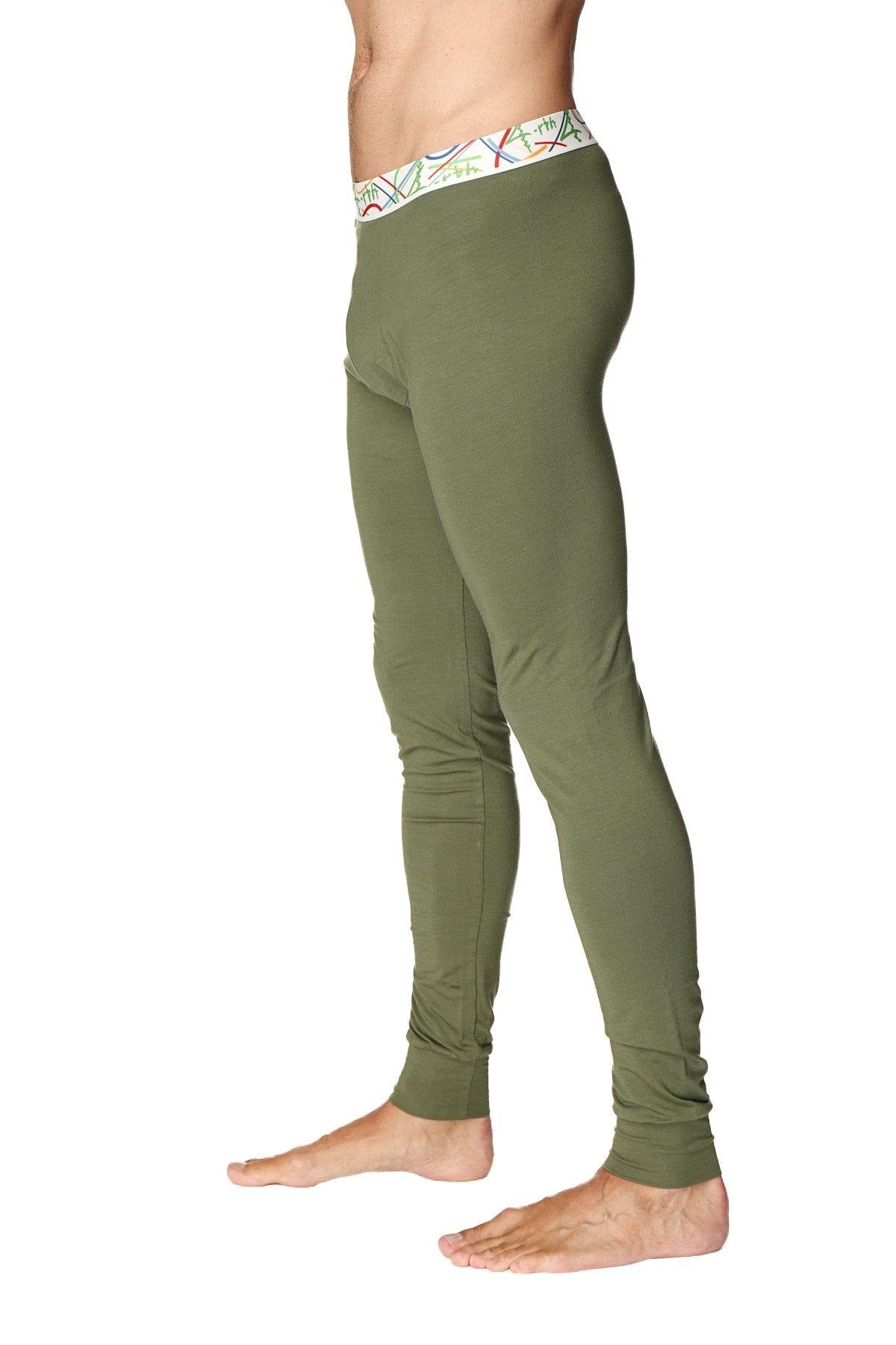 Olive green crosstrain thermal yoga pant with colorful geometric white waistband and form fitting design