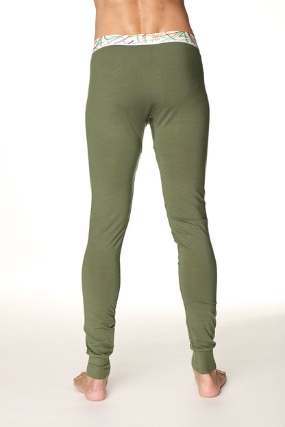 Olive green stretchy crosstrain thermal yoga pant with patterned white waistband for activewear and layering