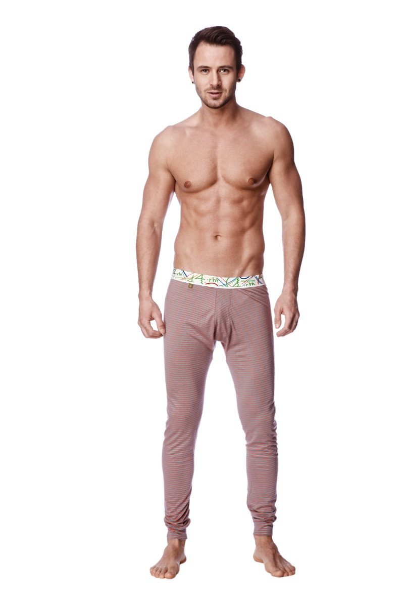 A pair of mauve ribbed knit thermal crosstrain yoga pants with a red and grey striped patterned waistband