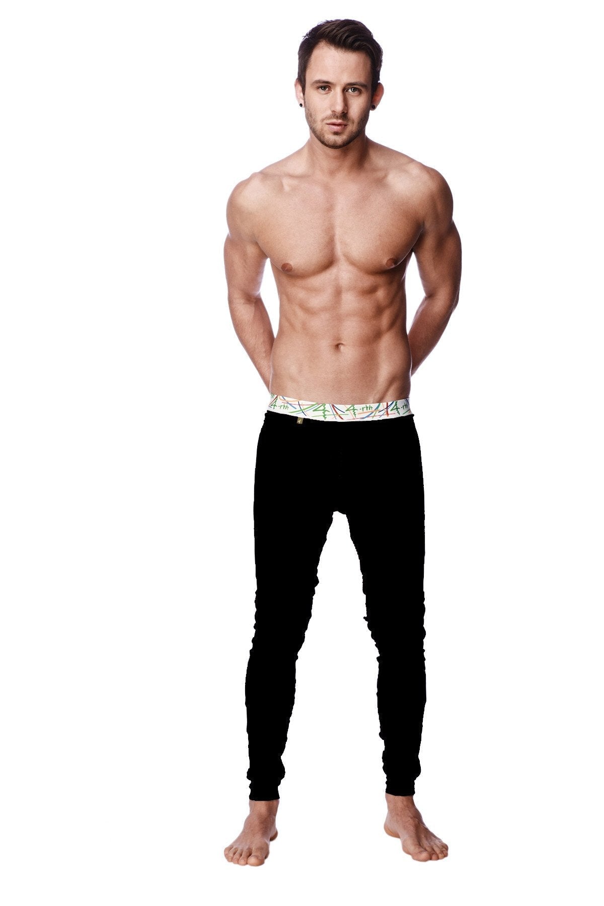 Black slim-fit crosstrain thermal yoga pant with white waistband featuring green and gray geometric patterns