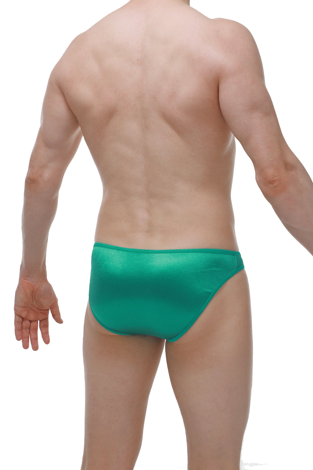 A sleek crotchless bikini satin green brief with a smooth glossy finish made of emerald green satin