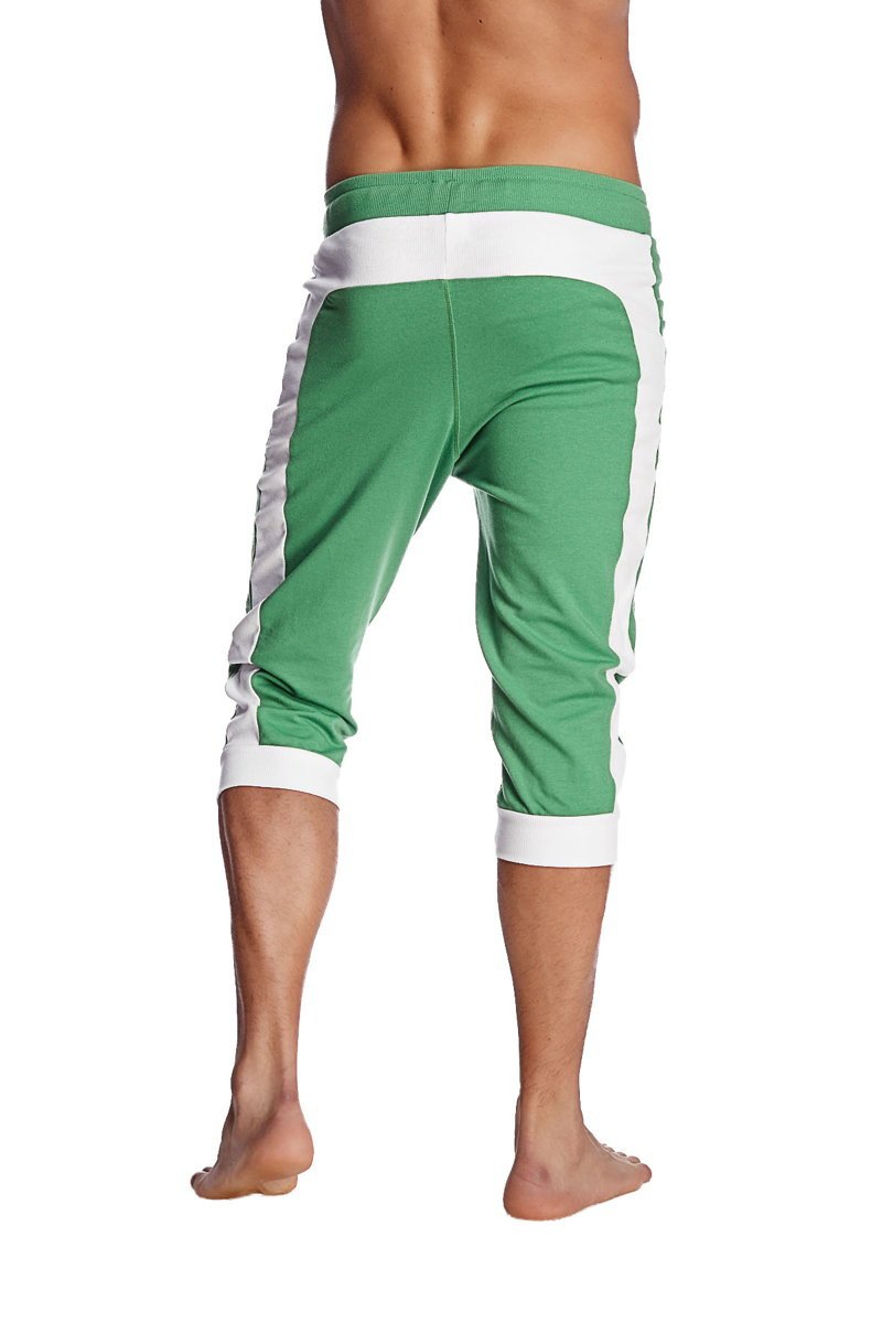 Green and white bamboo green cuffed yoga pants with side stripes and athletic capri design