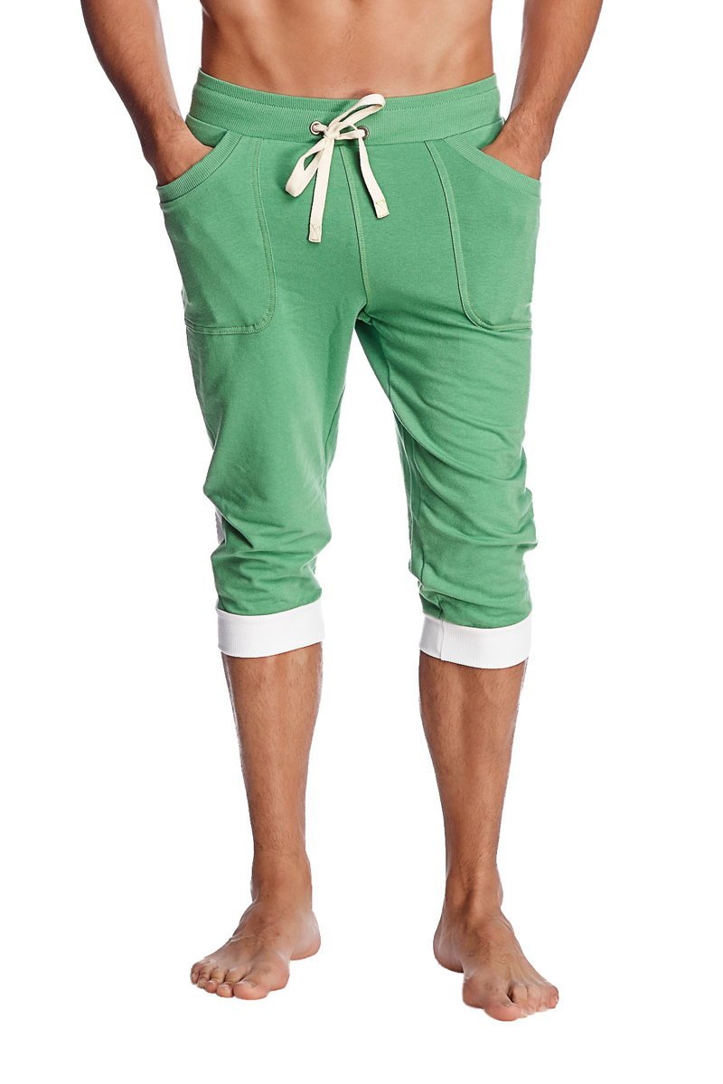 Green bamboo yoga pants cuffed joggers with white drawstring and contrasting white cuffs in capri length