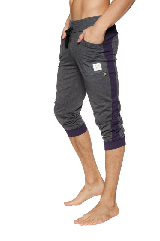 Cuffed yoga pants charcoal with eggplant side stripe elastic waistband and ribbed cuffs in dark gray and navy blue
