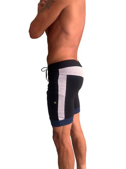 Cuffed yoga short in black with grey textured stripe and royal navy trim with adjustable drawstring waistband