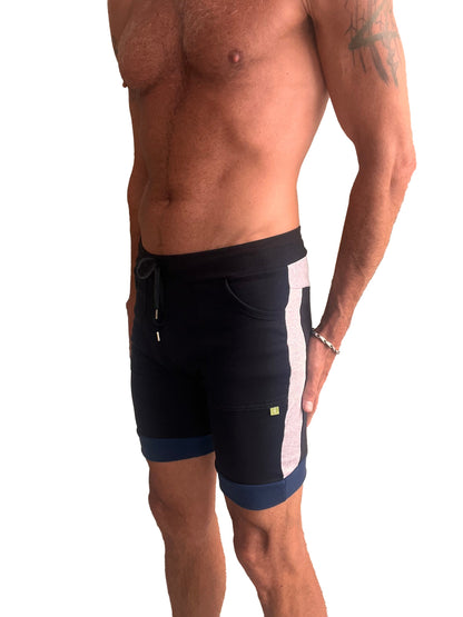 Black cuffed yoga short with white vertical stripe navy blue trim drawstring waistband and side pockets