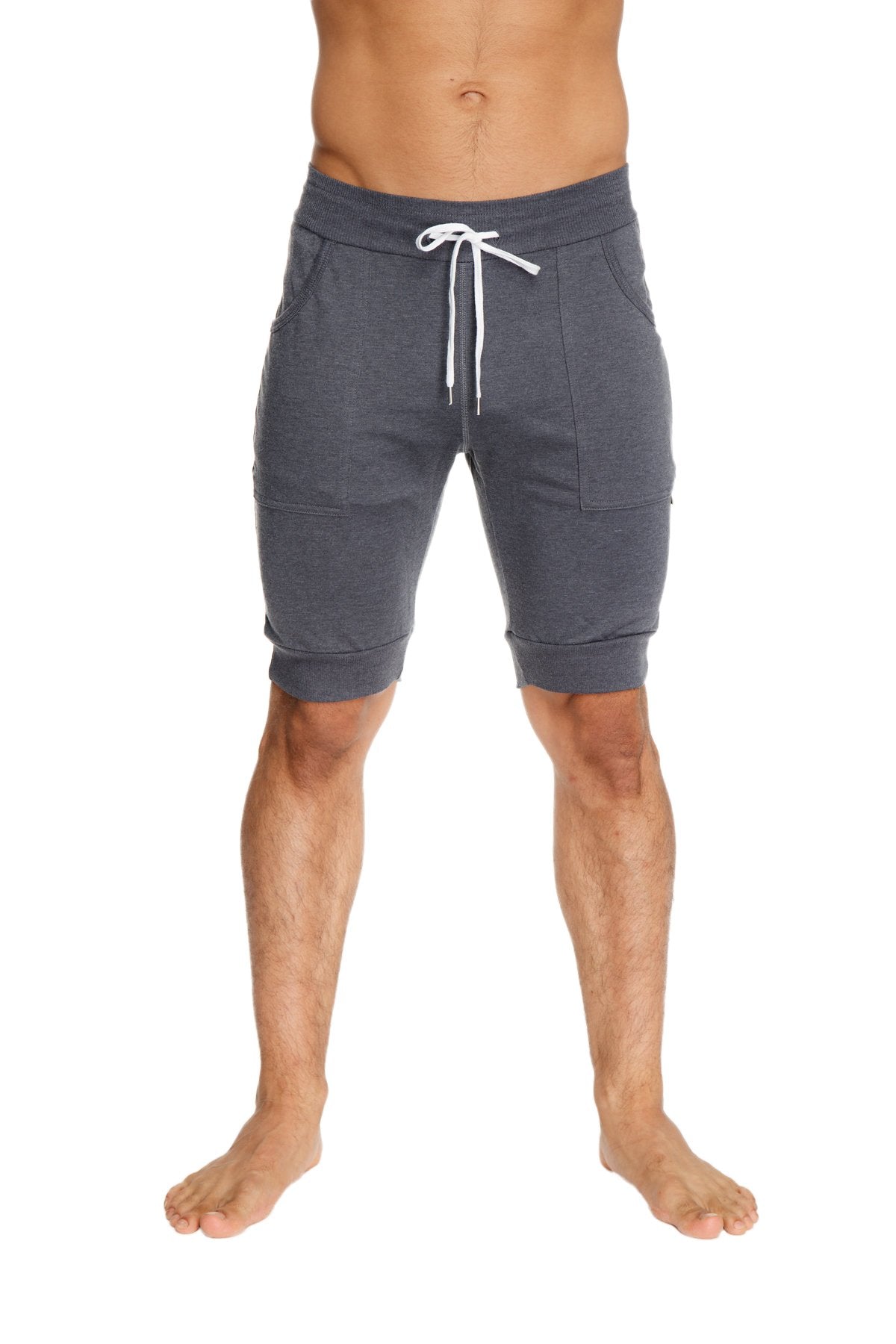 Cuffed yoga short charcoal in dark gray textured fabric with white drawstring and side pockets for comfortable wear